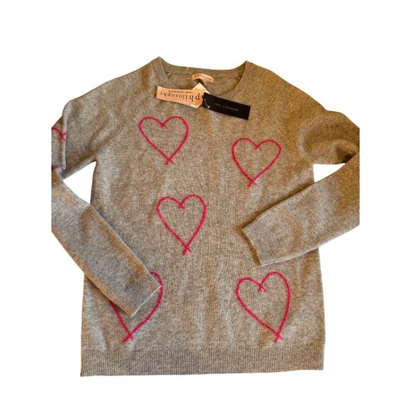 NWT Philosophy Sz S 100% Cashmere Gray Sweater With Pink Heart Design - Picture 3 of 12